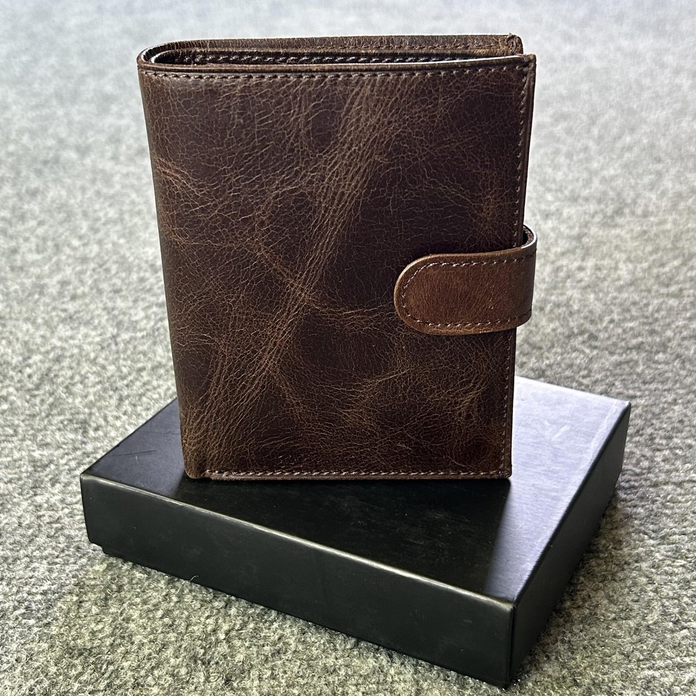 Leather Wallet Mens Brown Trifold‎ Strap Zipper Coin Pocket Card Holder Turkey
